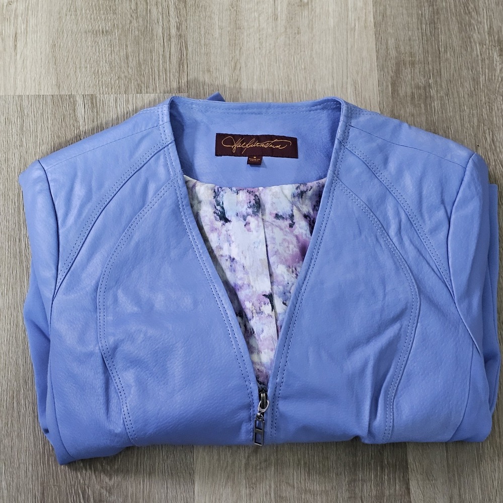 Hal Rubenstein Leather And Fabric Paneled Ladies Jacket Blue Size 6 - Picture 8 of 12